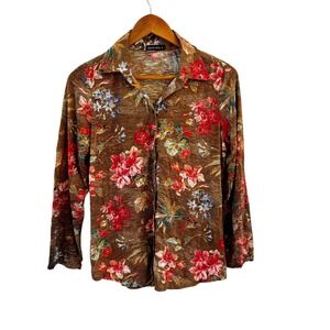 David Cline Crushed Snap Front Top Womens S Floral Moss Green Art to Wear